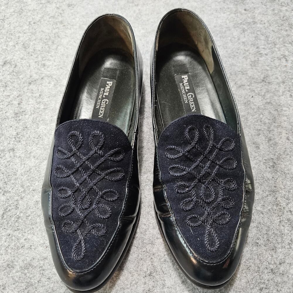 Paul Green Munchen Black Patent and Suede Embroidered Loafers Size 6.5